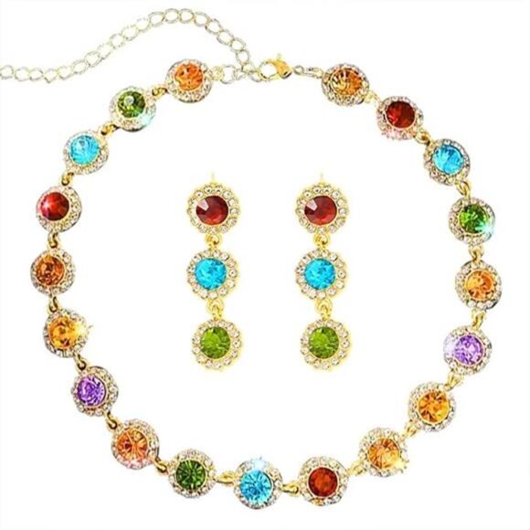 Colorful Crystal Jewelry Set Necklace Earrings Rhinestone Sparkly Party Gift Wom - Picture 7 of 7